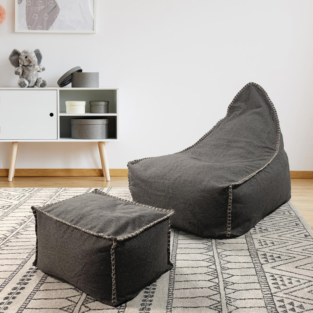 Knox Charcoal Bean Bag & Ottoman Set - Ultimate Comfort Lounge Duo