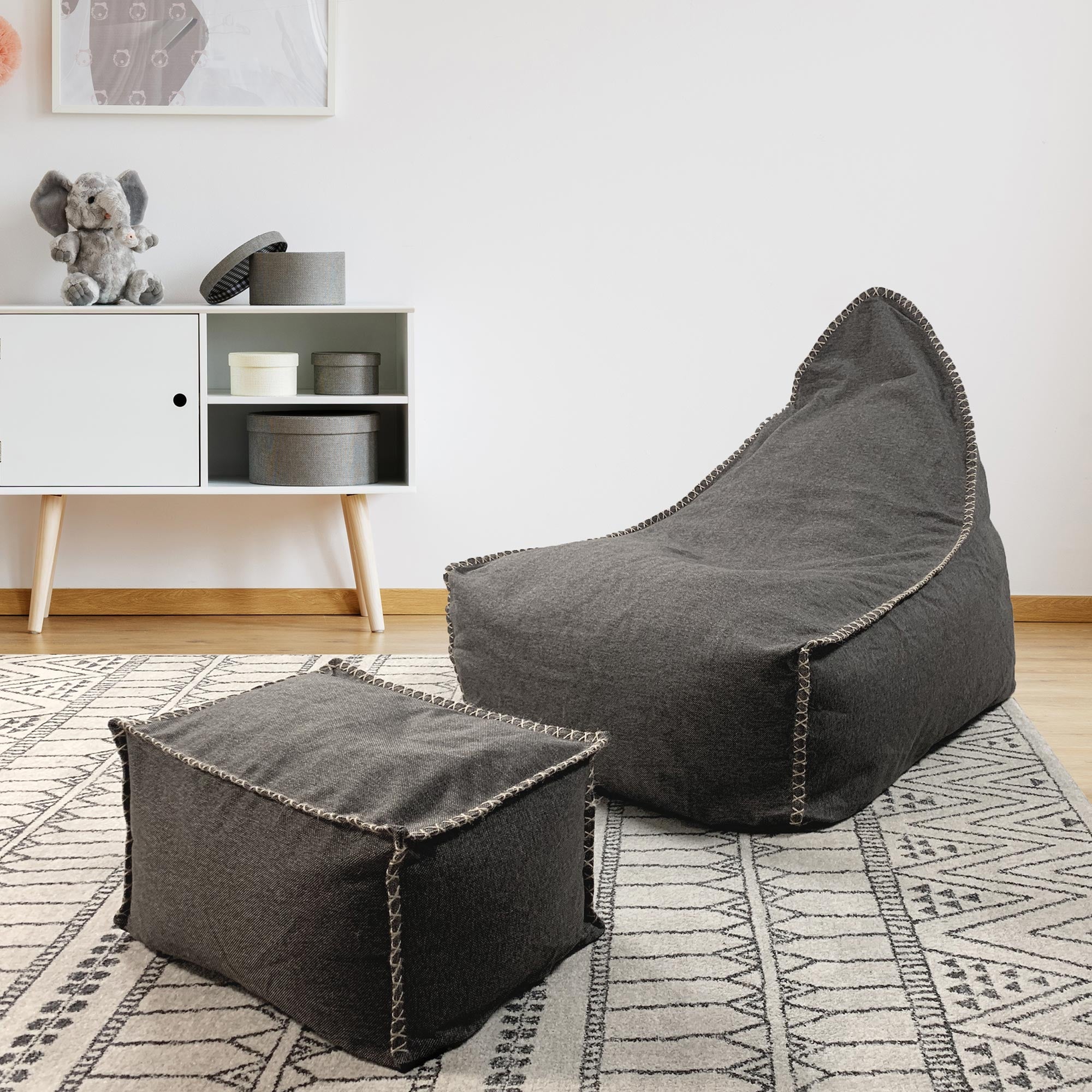 Knox Charcoal Bean Bag & Ottoman Set - Ultimate Comfort Lounge Duo