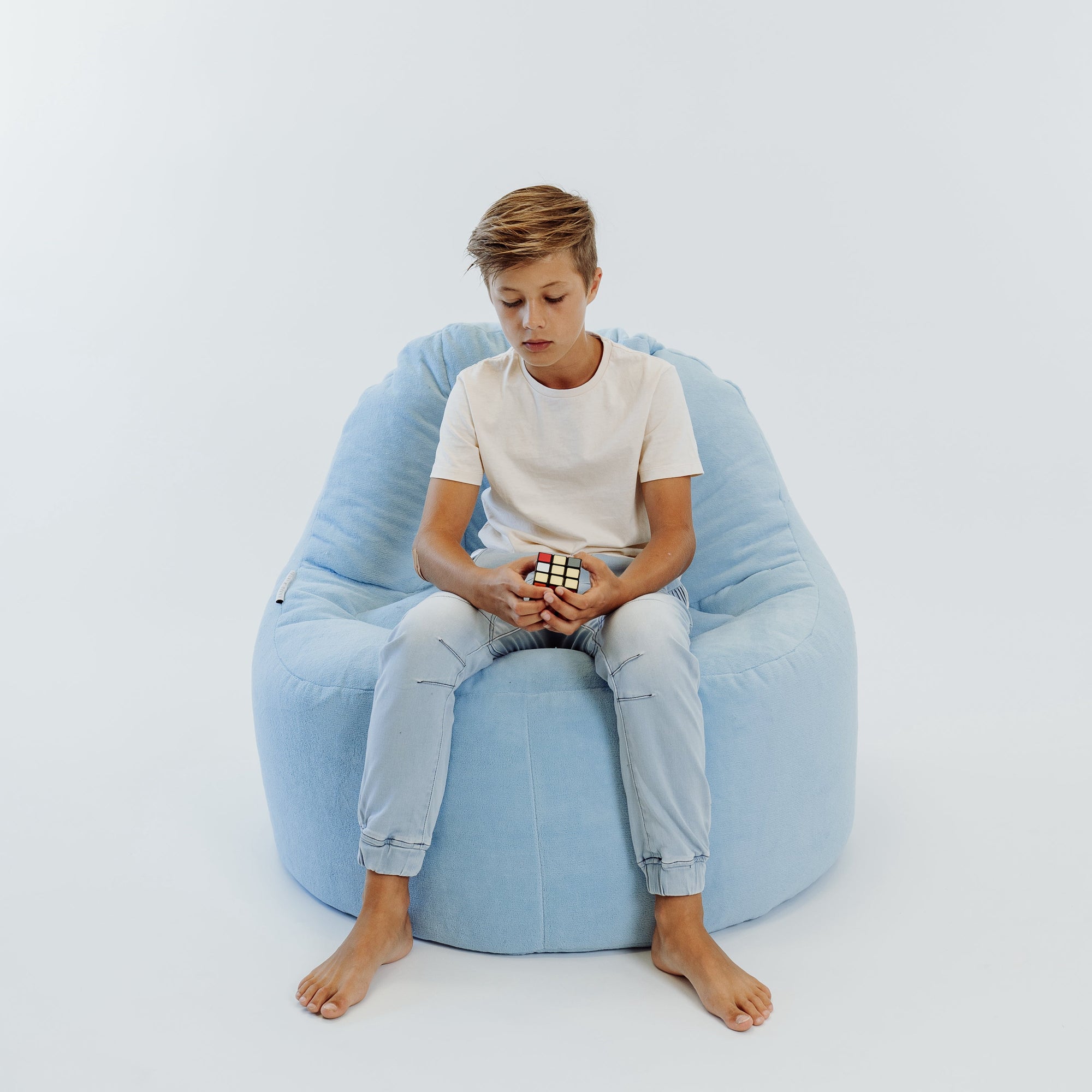 Sky Blue Plush Fur Bean Bag Cover - Comfortable Lounger for Relaxation