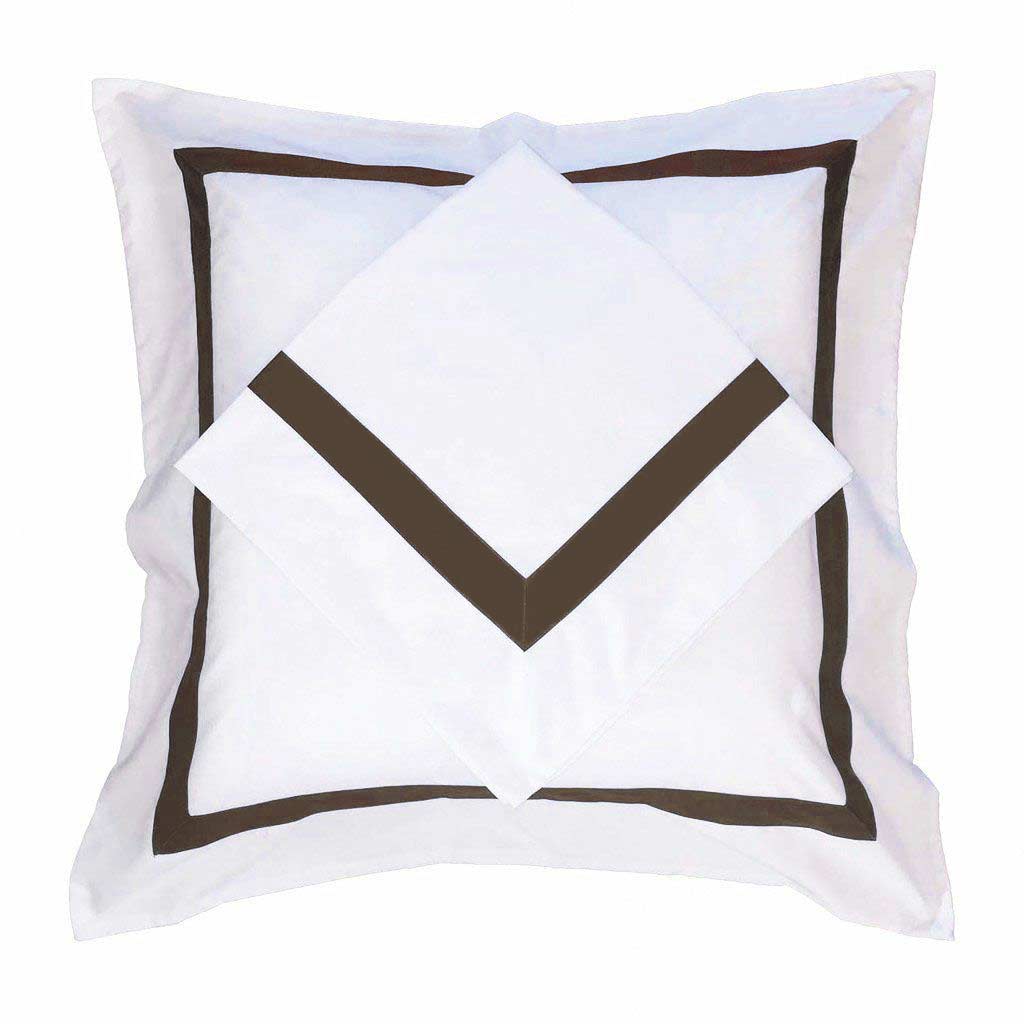 Ava Collection Luxurious White European Pillowcase Set with Brown Trim