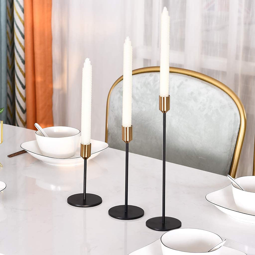Elegant 3-Piece Candlestick Set in Black and Brass