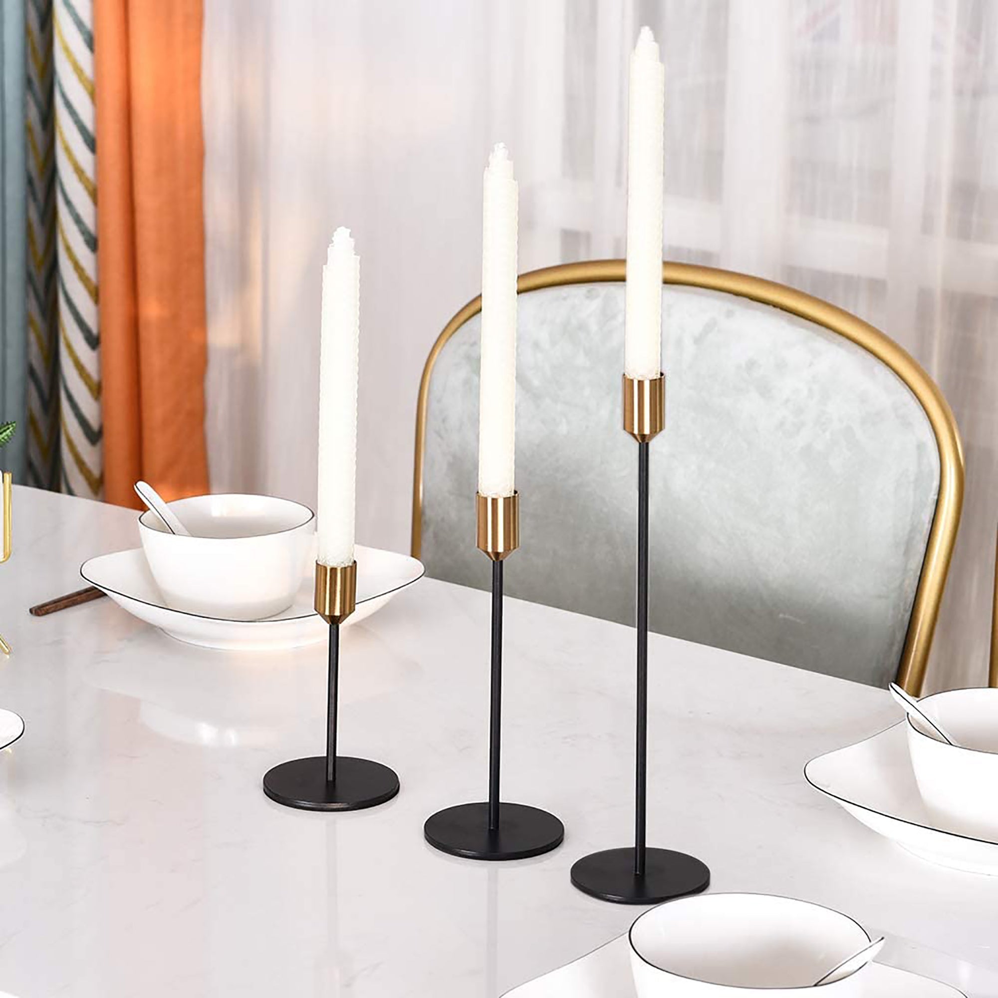 Elegant 3-Piece Candlestick Set in Black and Brass
