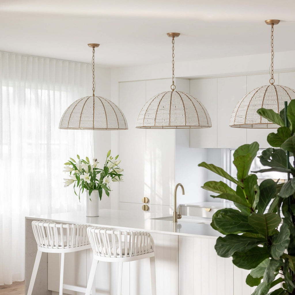 Estelle Gold & White Beaded Dome Pendant Light - Elegant Illumination