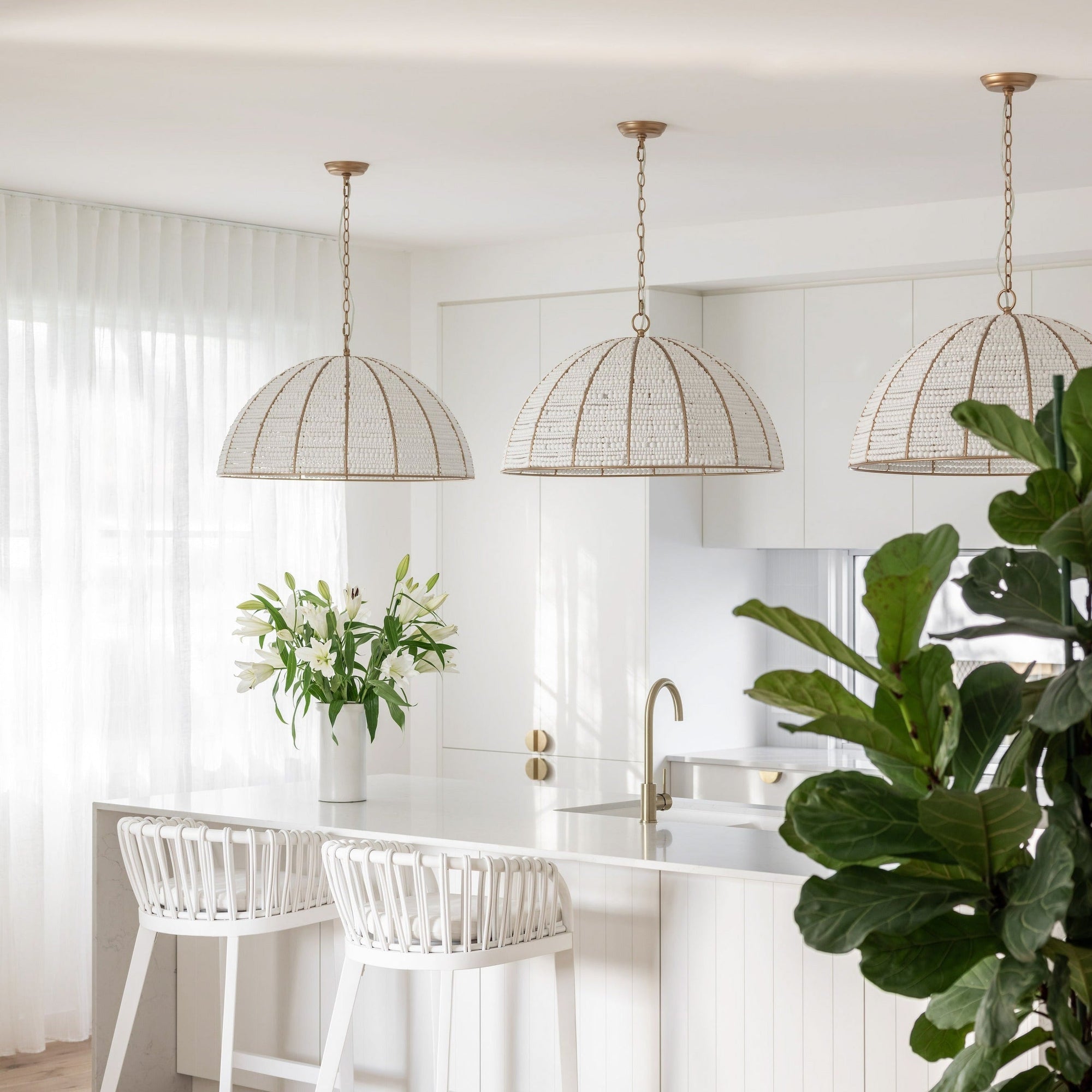 Estelle Gold & White Beaded Dome Pendant Light - Elegant Illumination