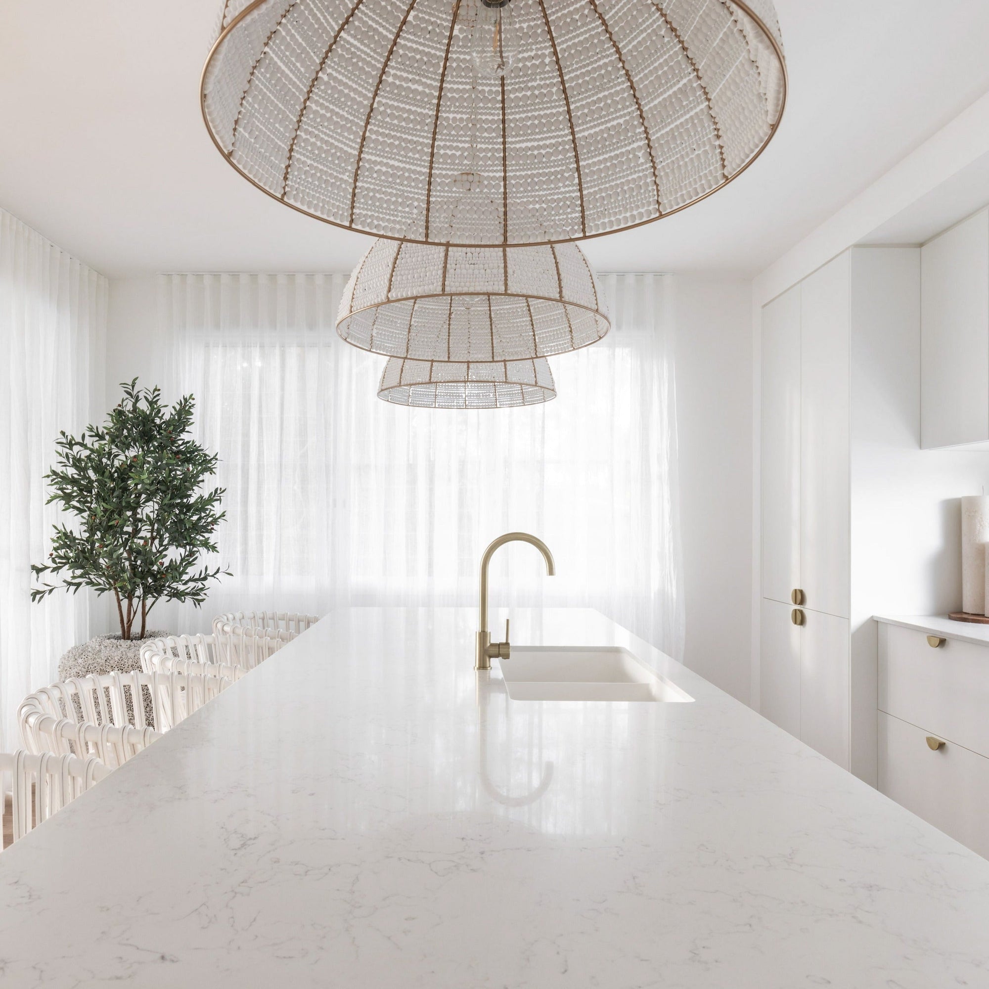 Estelle Gold & White Beaded Dome Pendant Light - Elegant Illumination