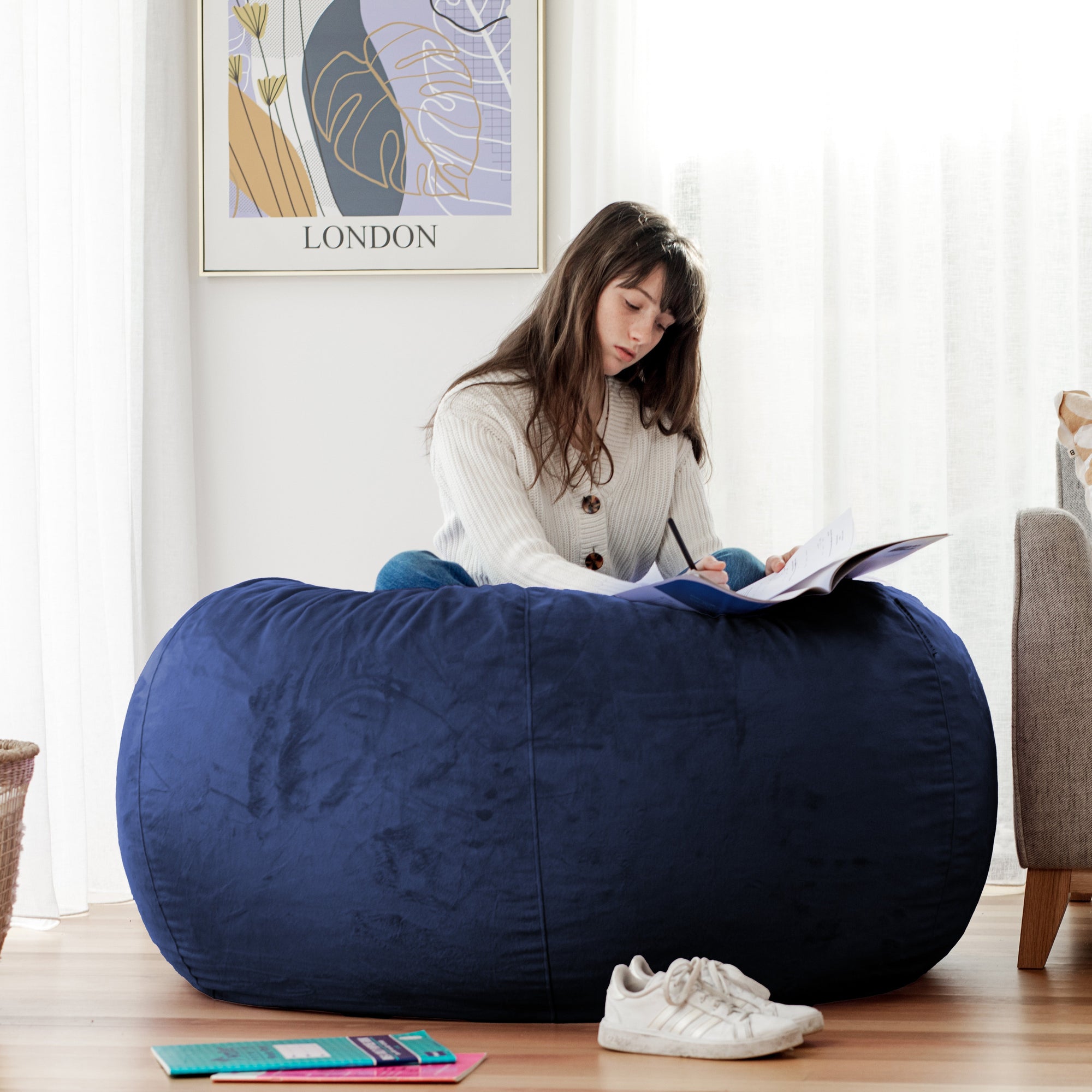 Navy Blue Pierre Fur Bean Bag - Luxurious Comfort & Style