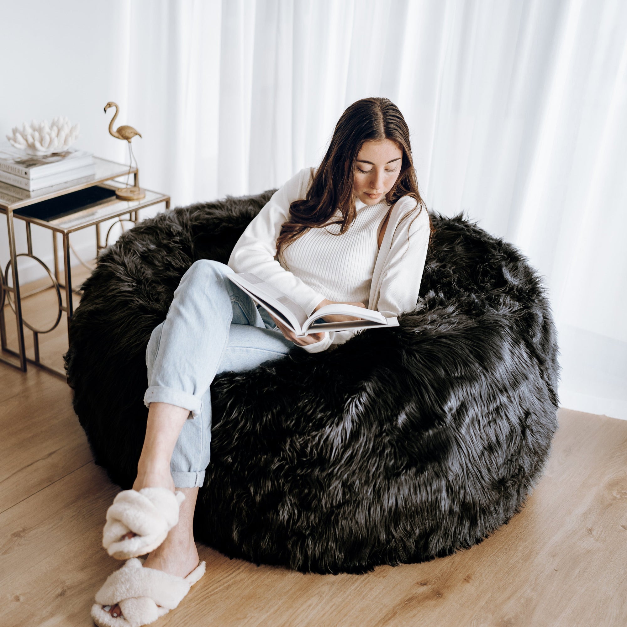 Luxurious Black Faux Fur Bean Bag - Stylish Comfort & Sophistication