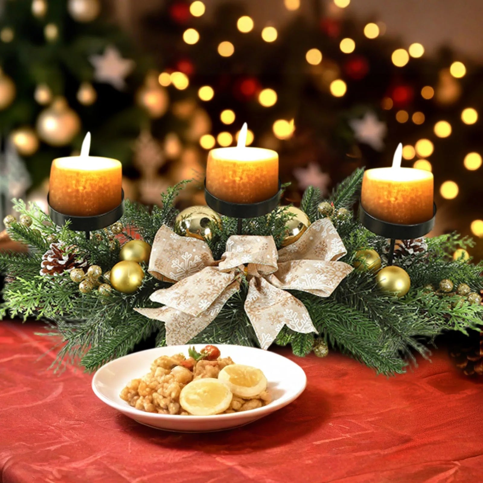 Christmas Three-Legged Candle Holder with Rattan Wreath Decor