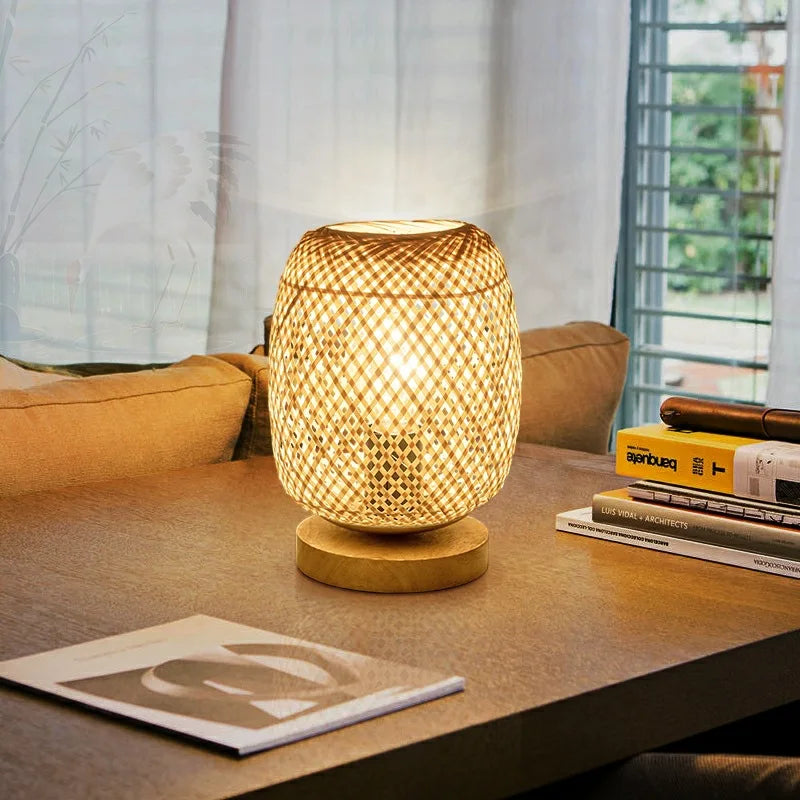 Handcrafted Bamboo Woven Table Lamp with Wooden Base - Modern Night Light