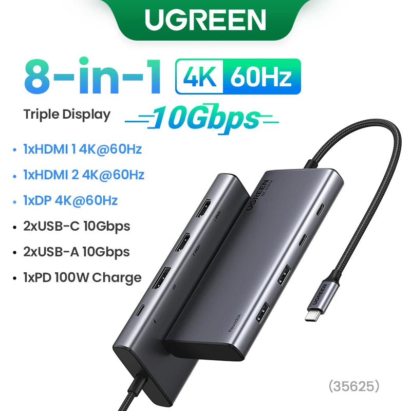 UGREEN 8-in-1 USB-C Triple Display Hub with 4K HDMI & 100W Power Delivery