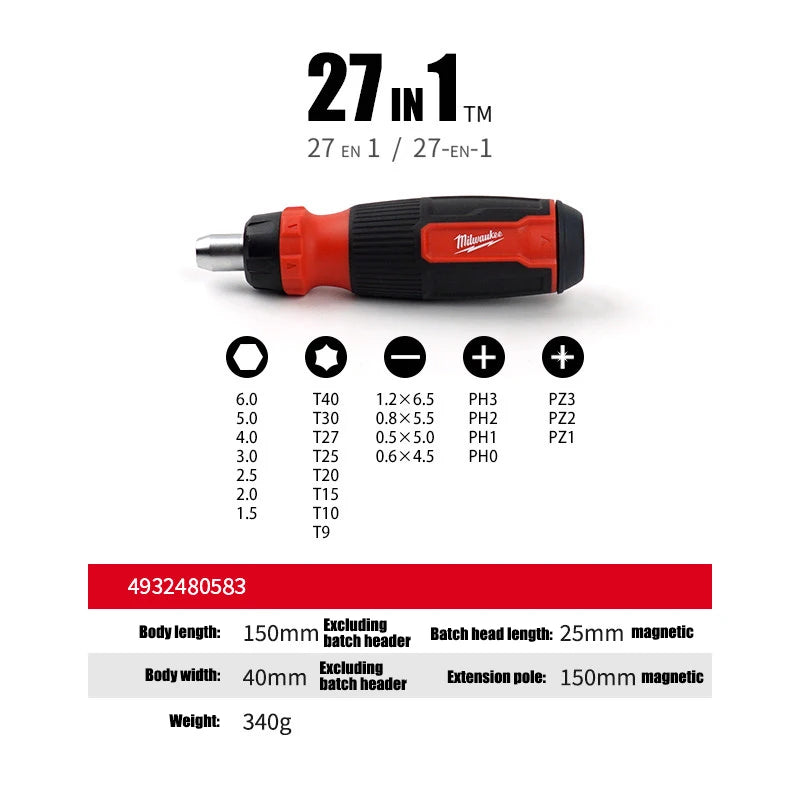 Milwaukee 27-in-1 Ratchet Screwdriver - High Torque Multi-Bit Tool