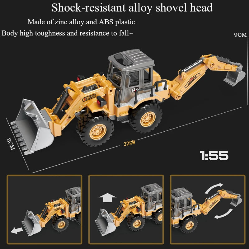 Alloy 2-in-1 Bulldozer & Excavator Diecast Engineering Truck Toy