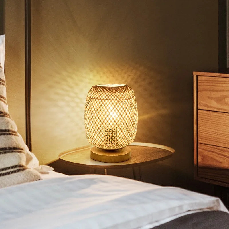 Handcrafted Bamboo Woven Table Lamp with Wooden Base - Modern Night Light