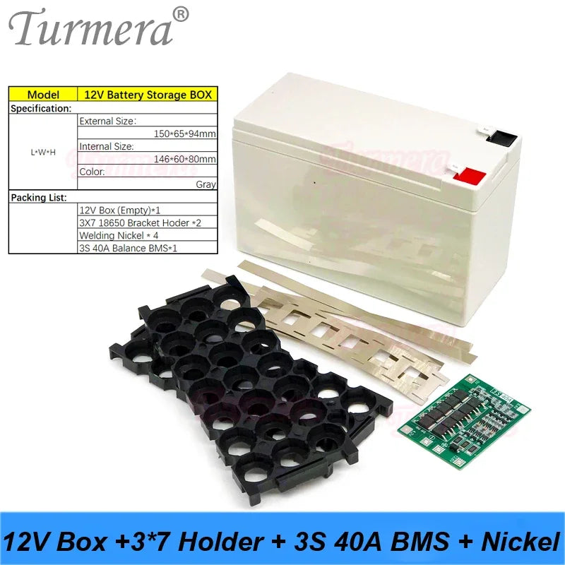 Turmera 12V Battery Storage Box for 18650 Lithium Cells - 3S BMS