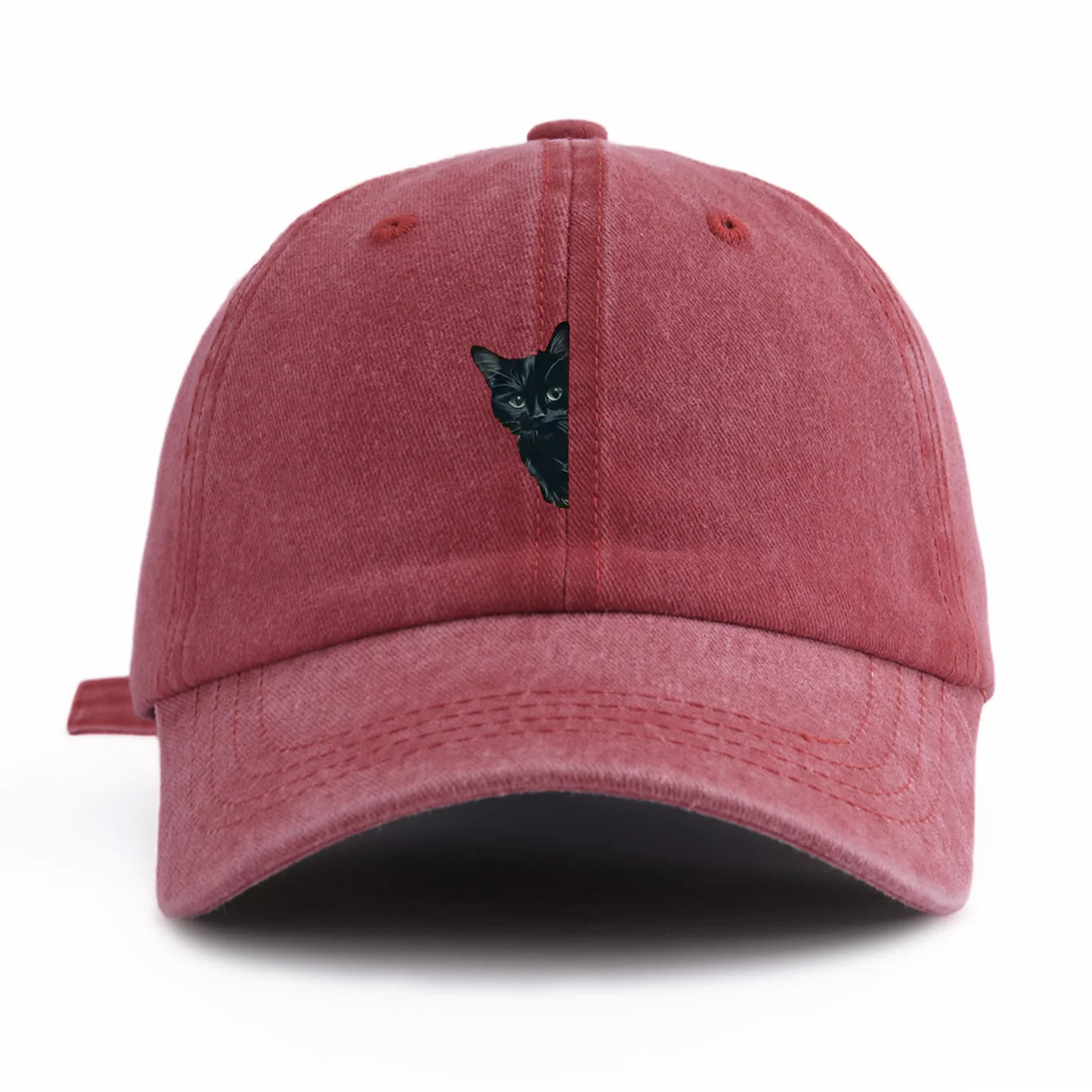 Black Cat Print Washed Baseball Cap - Casual Adjustable Dad Hat