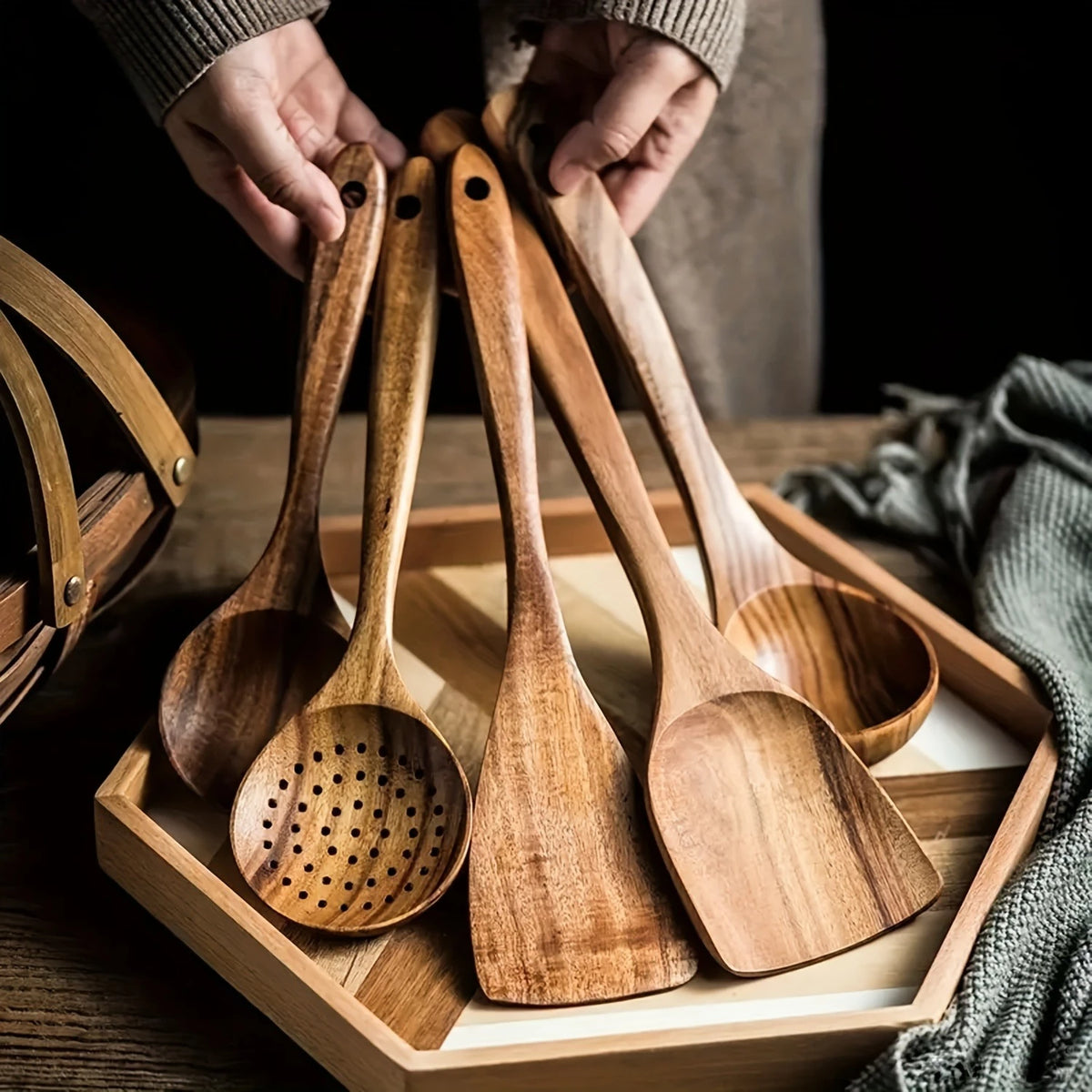 5-Piece Eco-Friendly Wooden Kitchen Utensils Set for Non-Stick Cooking