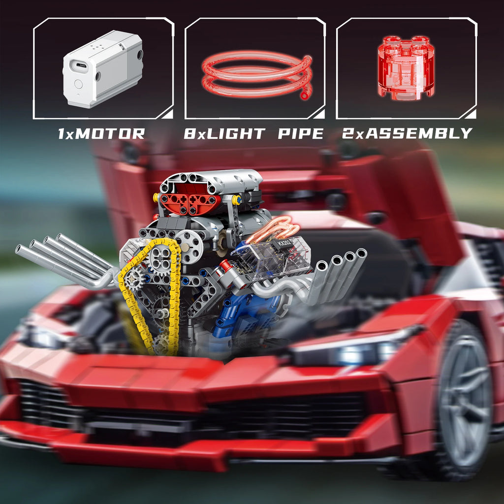 665-Piece V8 Engine Building Block Set with LED Lights | Creative Assembly Toy