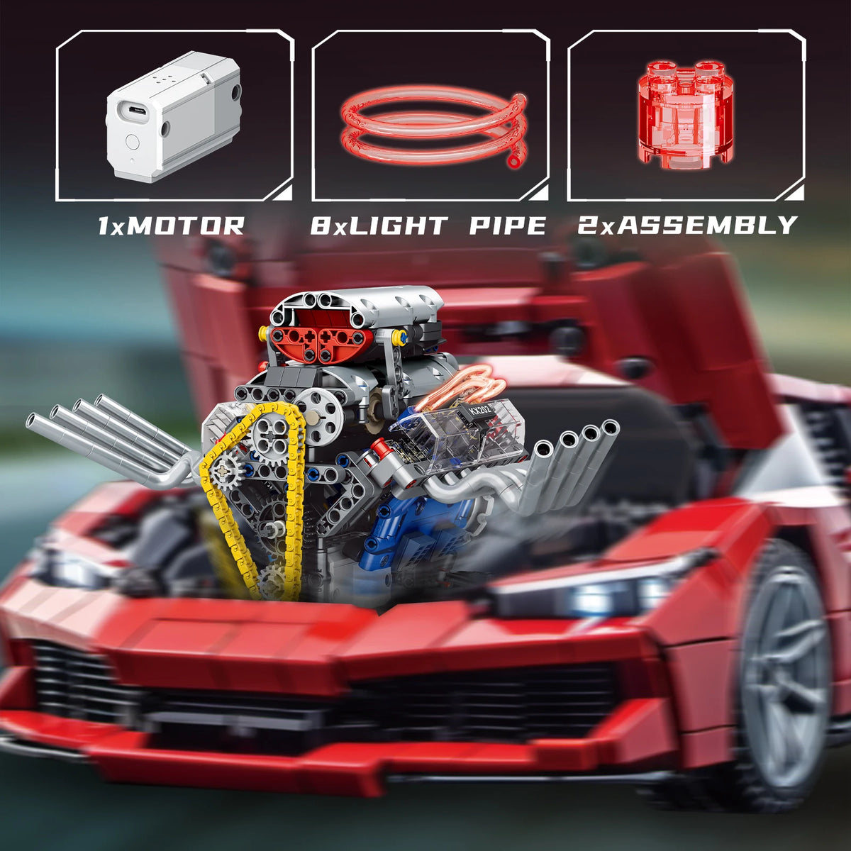 665-Piece V8 Engine Building Block Set with LED Lights | Creative Assembly Toy