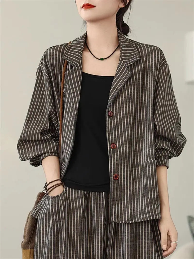 Stylish Women's Cotton Linen Stripe Suit Set - Casual Wide Leg Pants