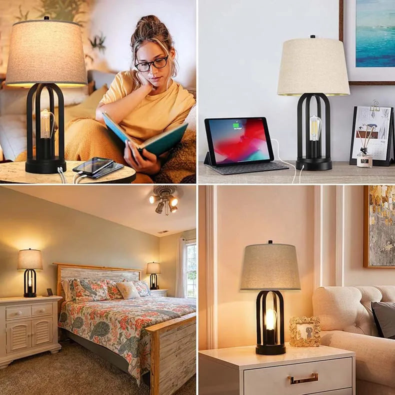Modern Fabric Shade Table Lamp with USB Charging & Touch Switch