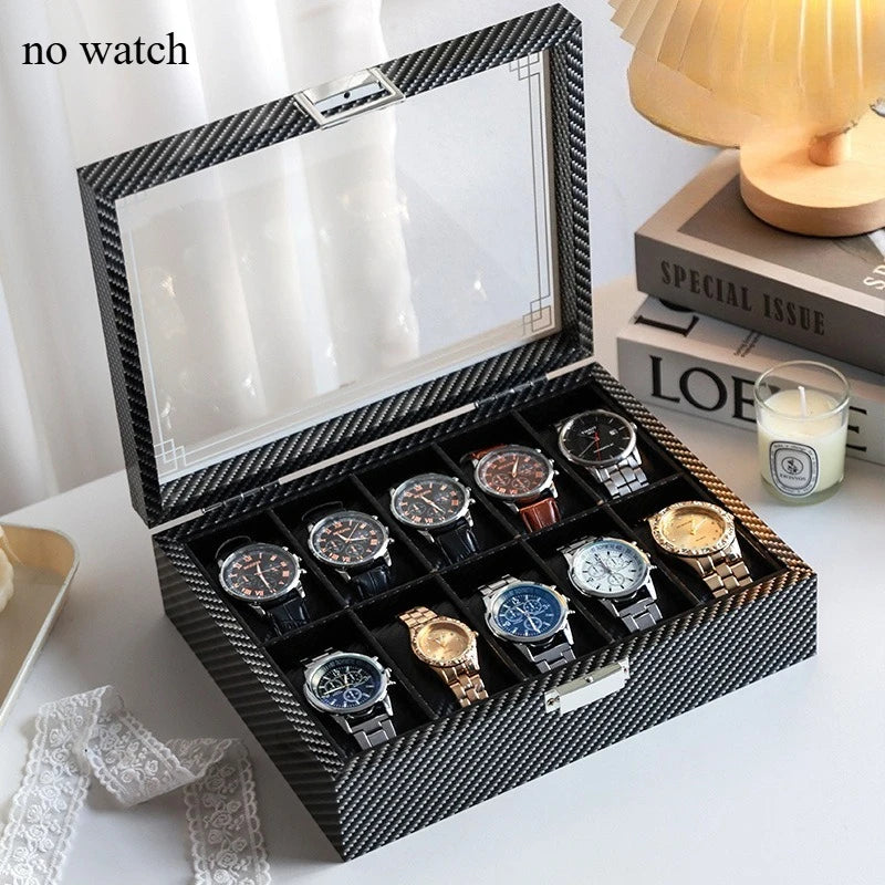 High-Gloss Carbon Fiber Watch Storage Box - Elegant Watch Organizer