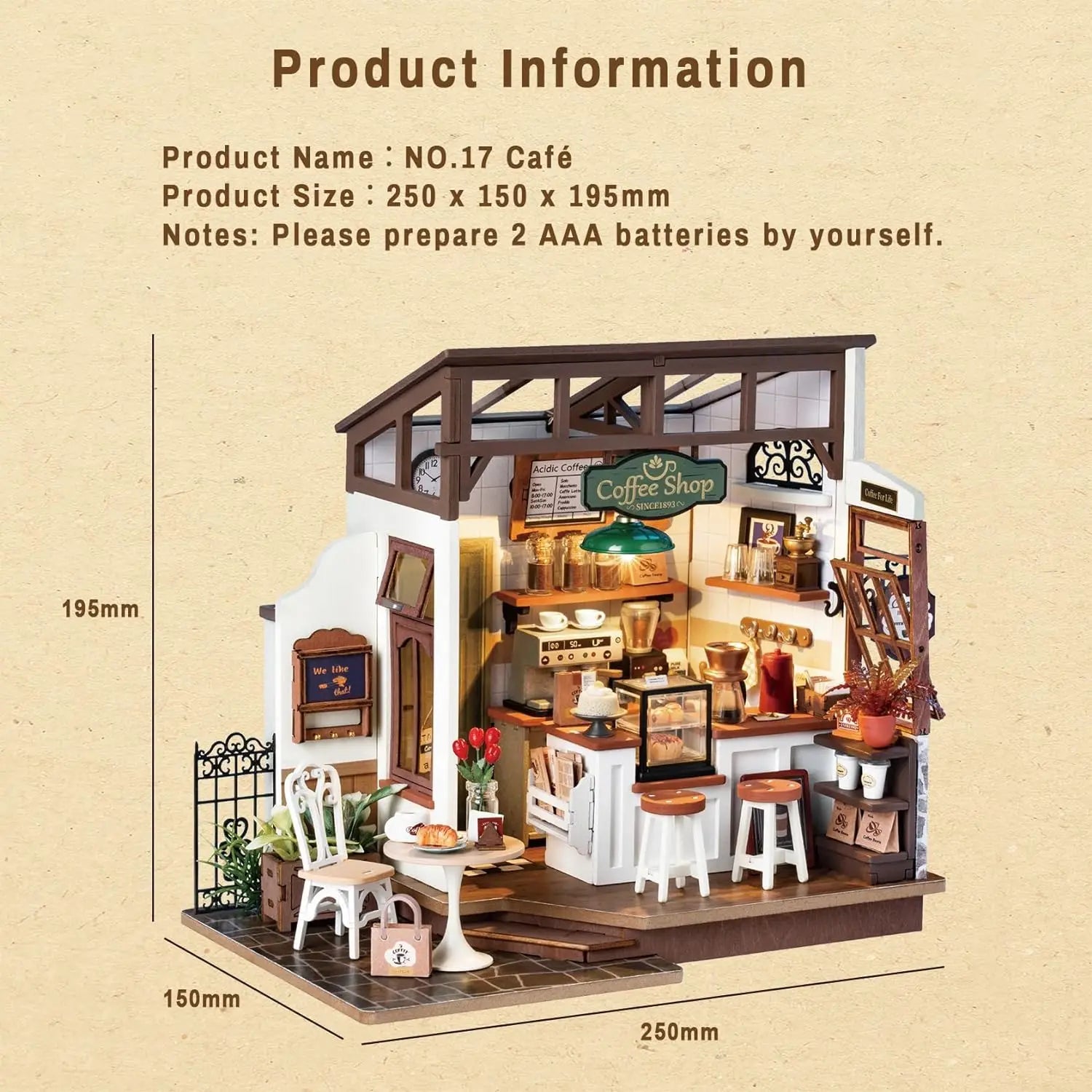Robotime DIY Wooden Dollhouse Set - LED Coffee Model Kit for All Ages