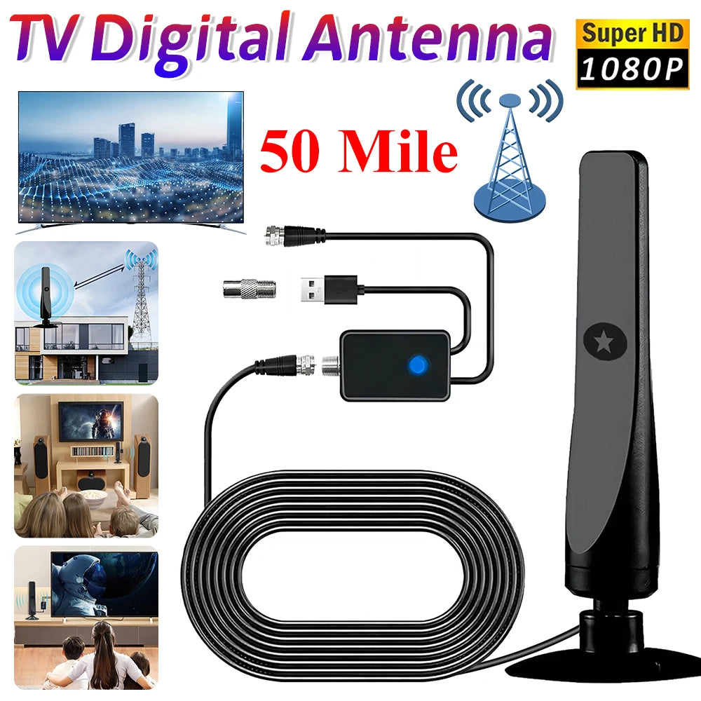50 Miles Indoor HDTV Antenna with Signal Booster - 4K HD 1080P