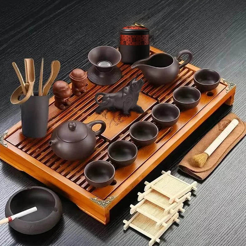 VINRITO Yixing Ceramic Kung Fu Tea Set with Solid Wood Tea Tray - 27 Pieces