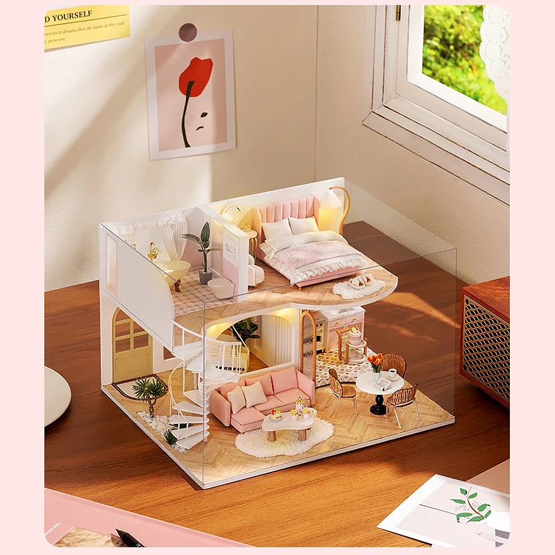 3D Wooden Mini Dollhouse Kit - DIY Duplex Apartment with Furniture