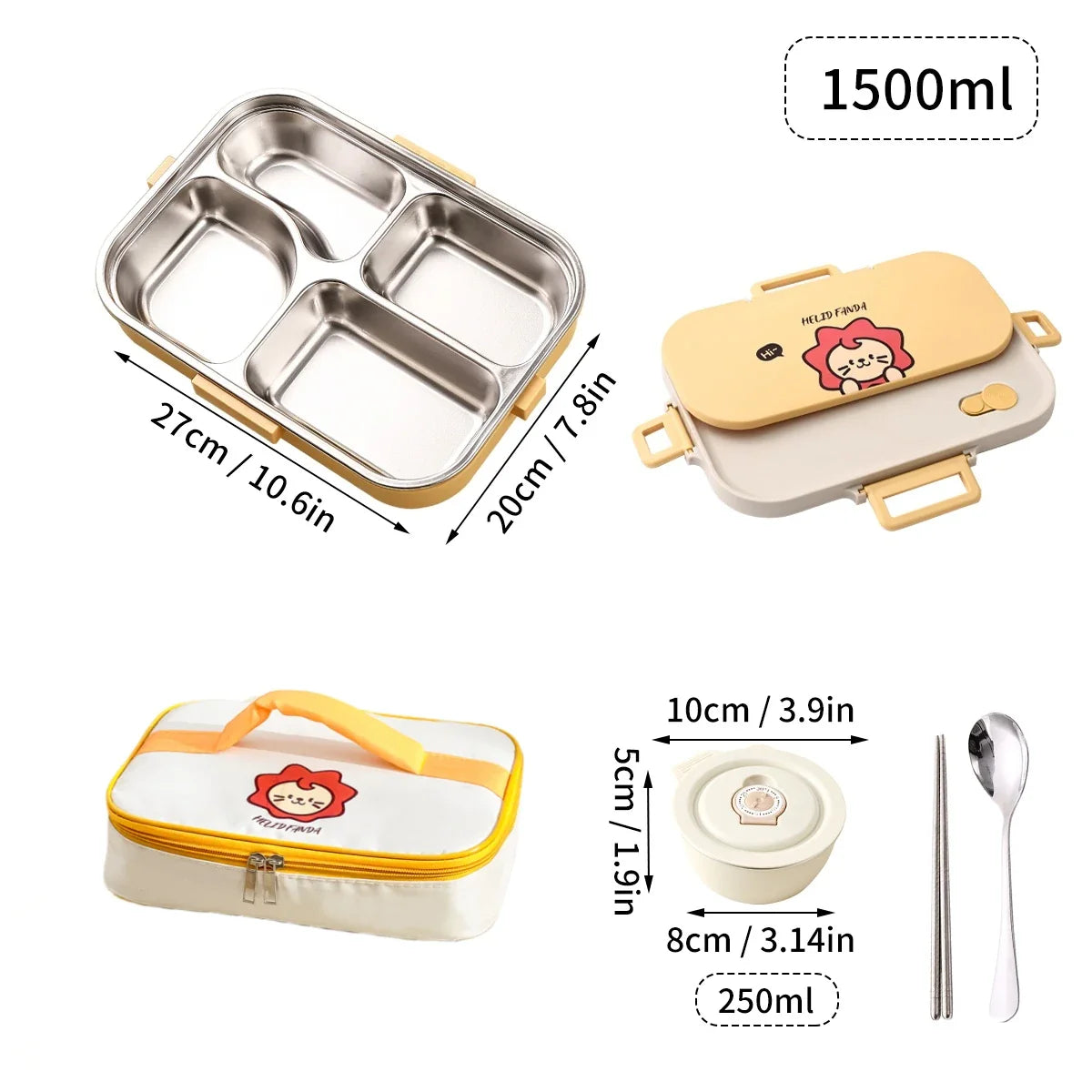WORTHBUY Portable 4-Grid Stainless Steel Lunch Box with Utensils