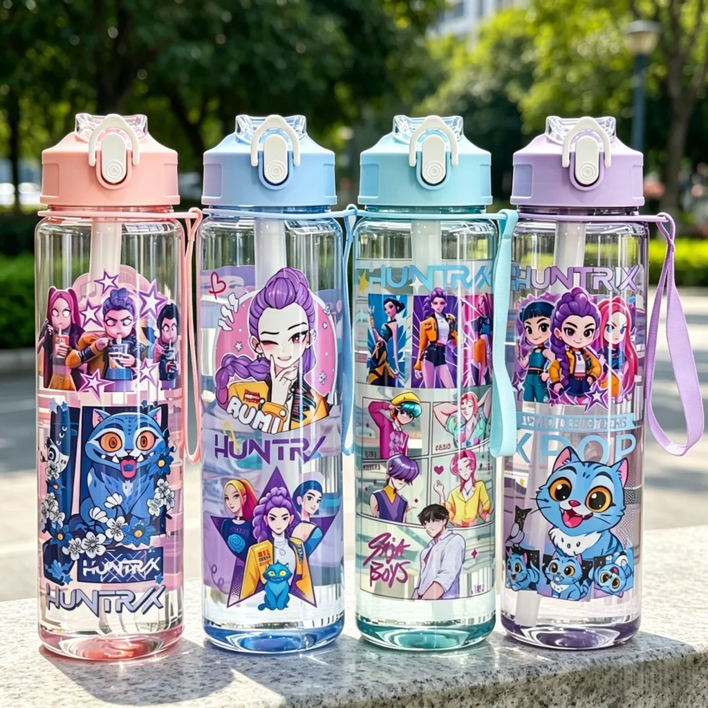 750ml Portable Water Bottle with Straw - Fun Cartoon Design