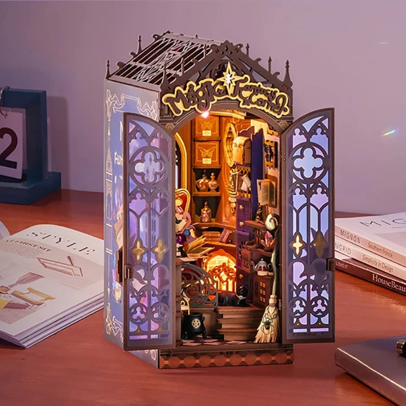 DIY 3D Wooden Book Nook Puzzle Kit with Lights for Creative Crafting
