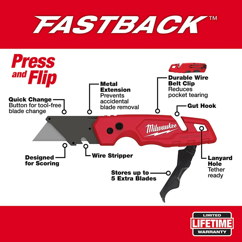 Milwaukee FASTBACK Folding Utility Knife - Heavy-Duty Box Cutter