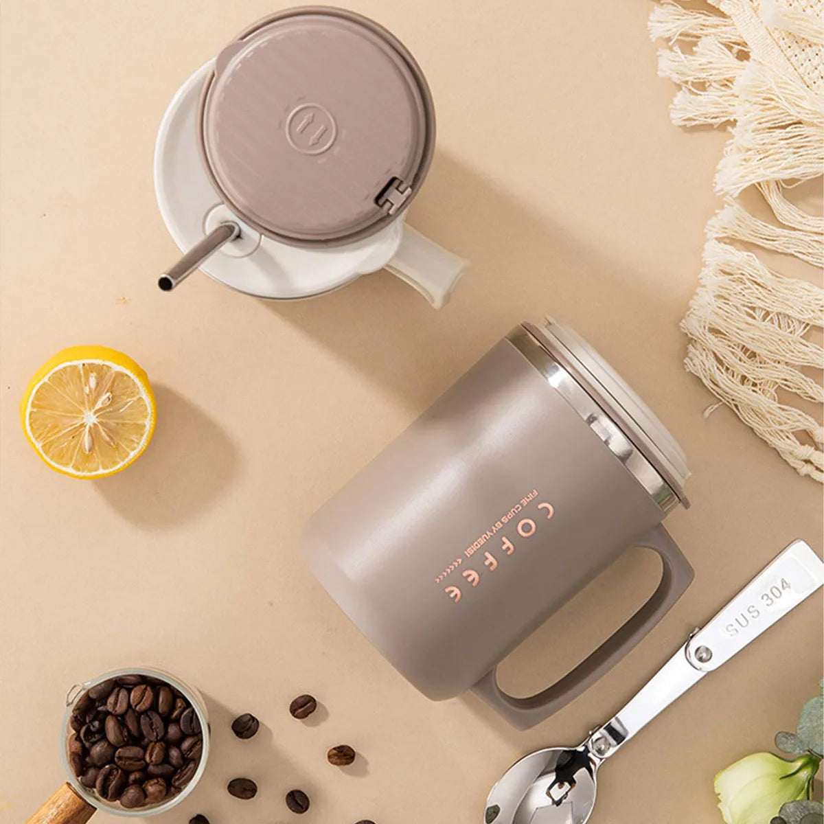 Double Wall Insulated Coffee Mug with Spoon - 304 Stainless Steel