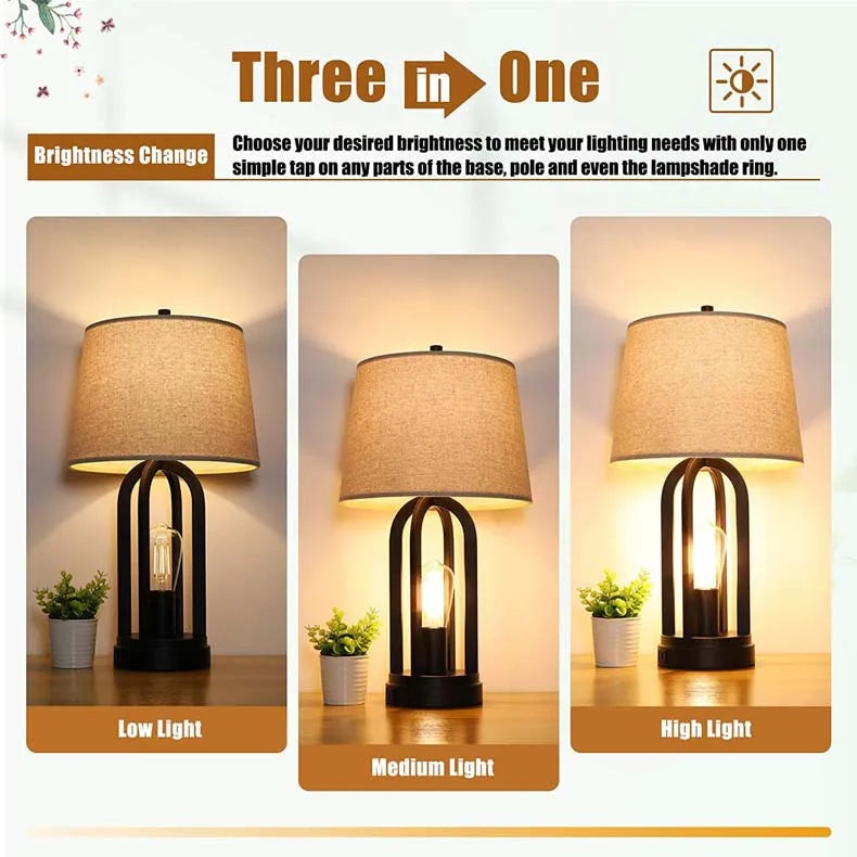 Modern Fabric Shade Table Lamp with USB Charging & Touch Switch