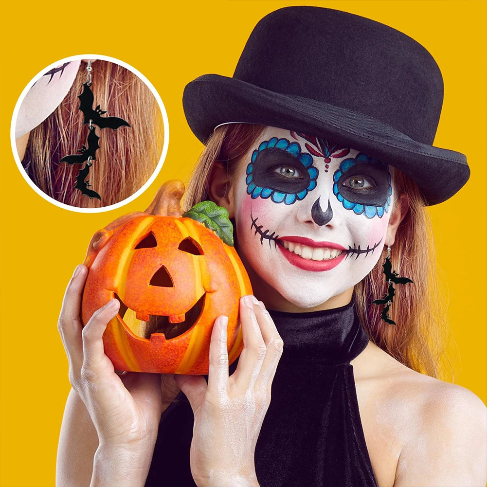 Acrylic Skull & Bat Dangle Earrings for Halloween Parties