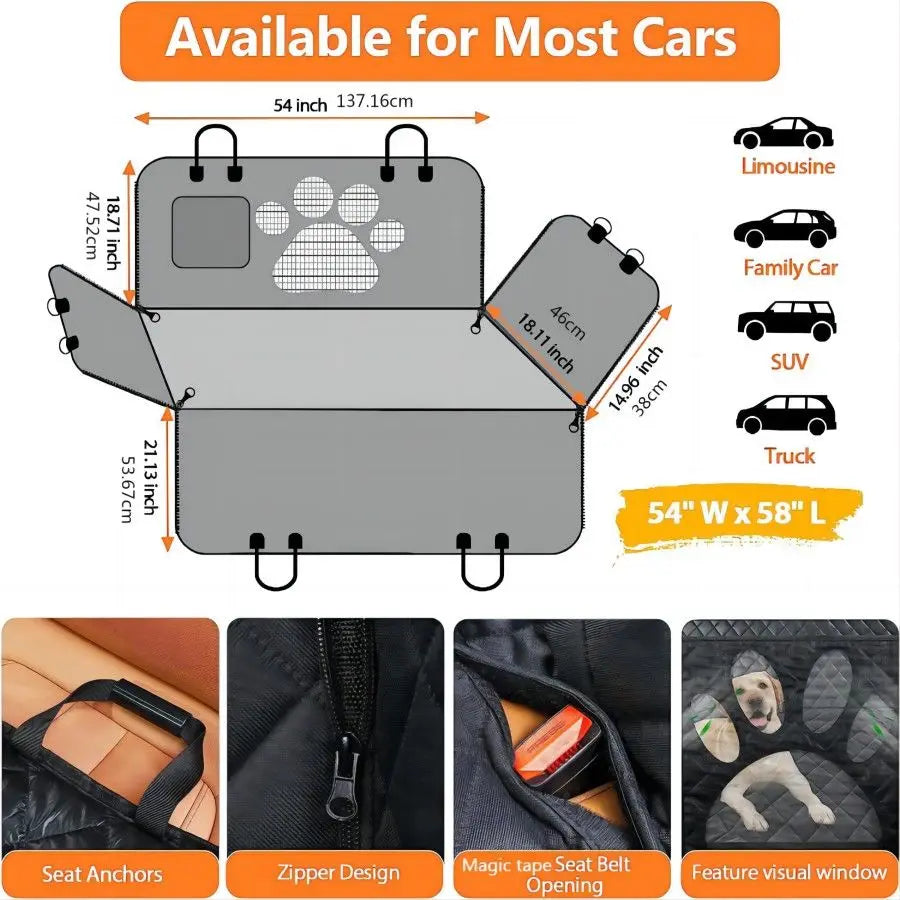 Waterproof Dog Car Seat Cover with Mesh Window - Universal Fit