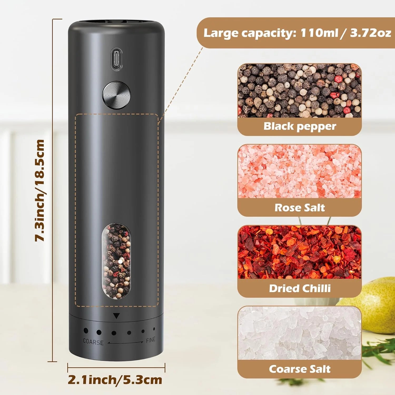 Rechargeable Adjustable Electric Pepper Grinder - Large Capacity Mill
