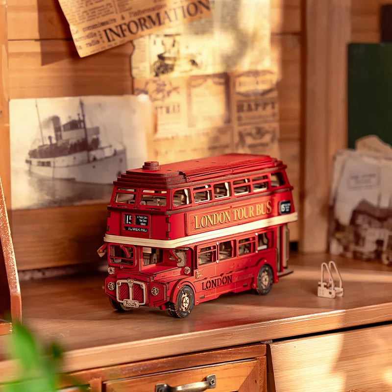 Robotime London Tour Bus 3D Wooden Puzzle – Fun Building Kit for Ages 14+