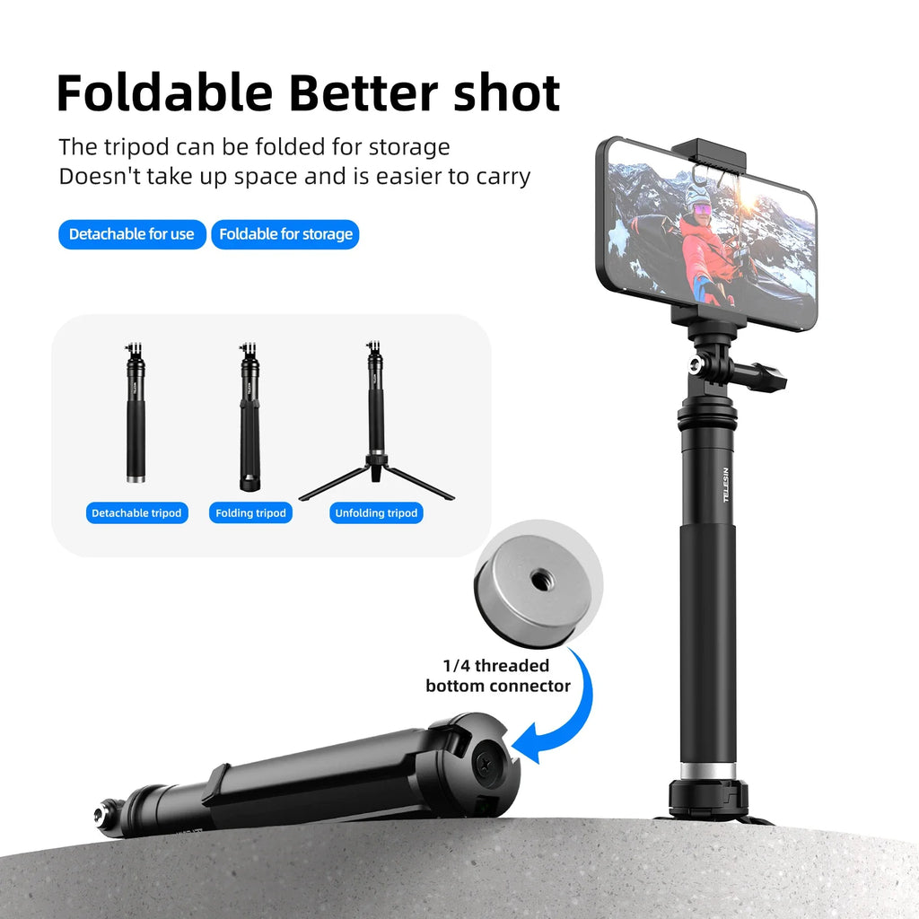 TELESIN 360° Selfie Stick Tripod for Action Cameras & Smartphones