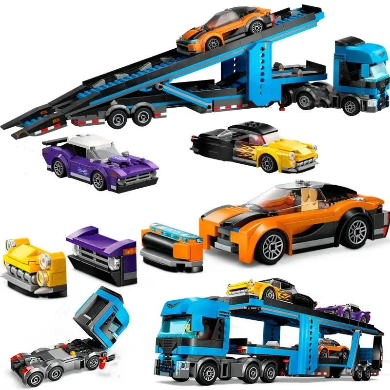 Fun Sports Car Transport Set - Double-Decker Trailer Building Blocks