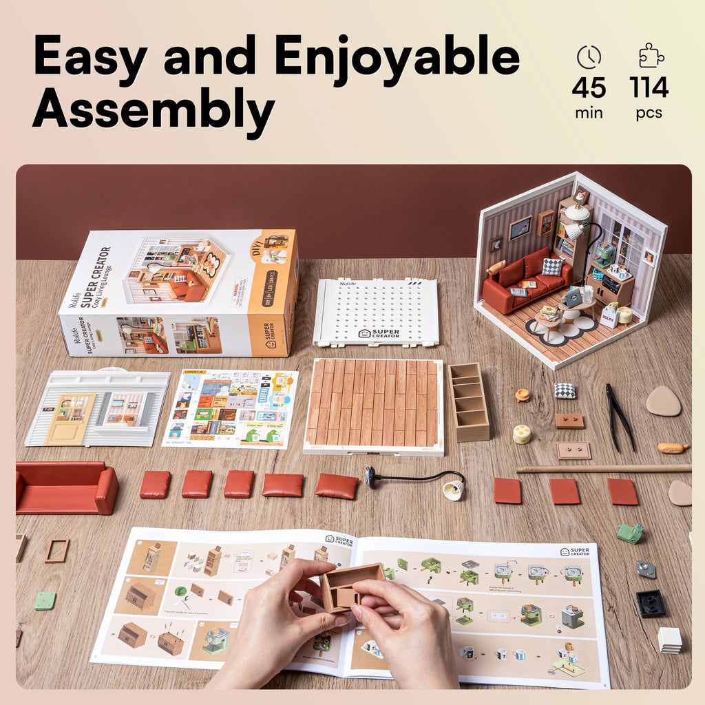 Robotime 3D Puzzle Miniature House Kit - DIY Cozy Living Lounge