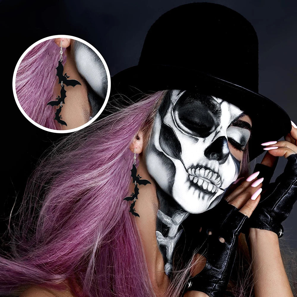 Acrylic Skull & Bat Dangle Earrings for Halloween Parties