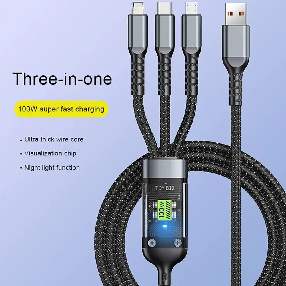 100W 3-in-1 Fast Charging Cable: USB Type-C & Micro for All Devices