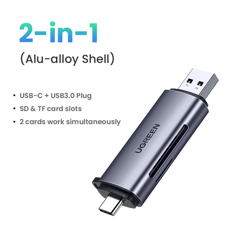 UGREEN USB 3.0 & Type-C SD/TF Card Reader - 5Gbps, 2TB Support