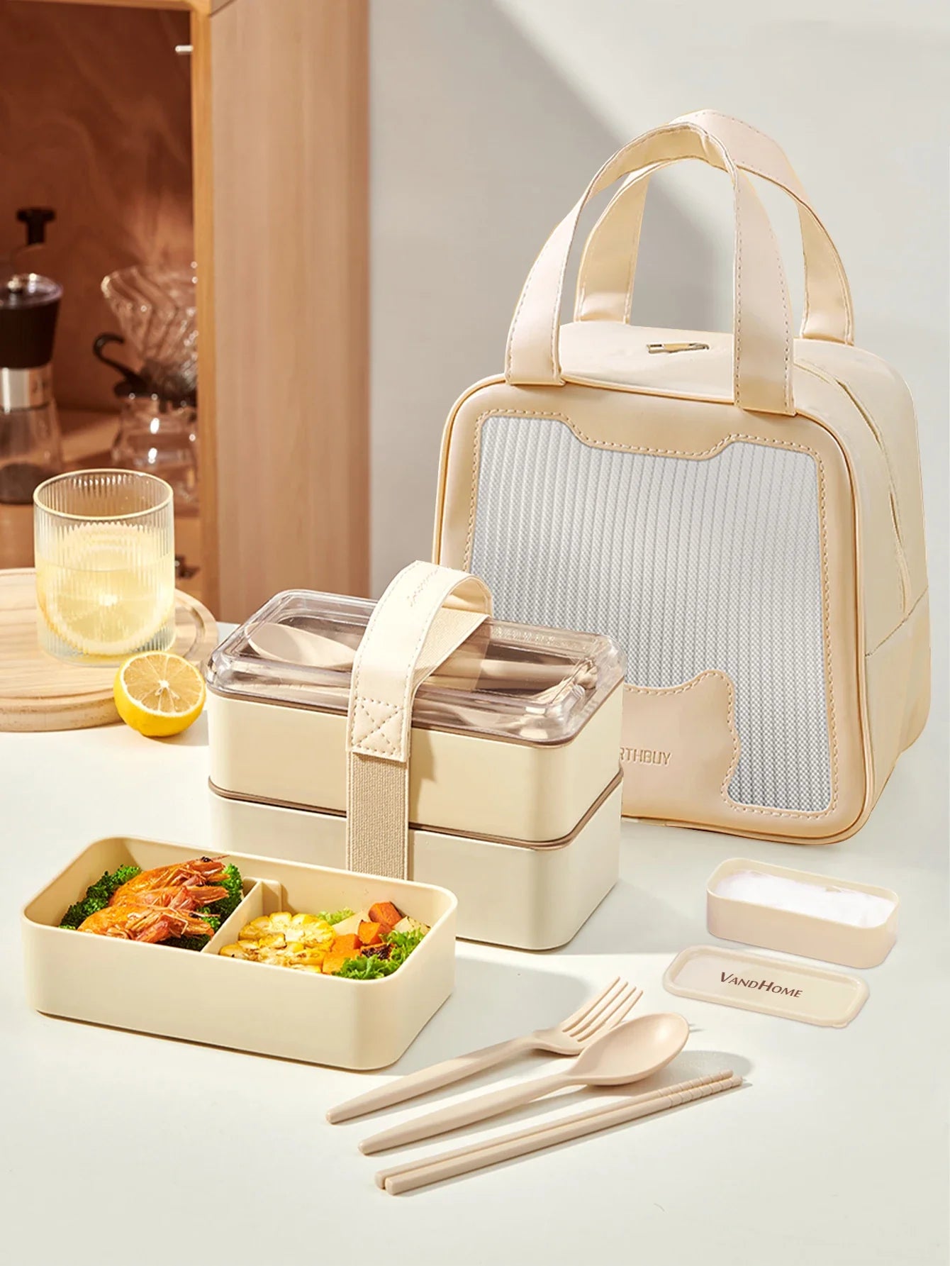 WORTHBUY Double-Layer Leak-Proof Bento Box with Tableware