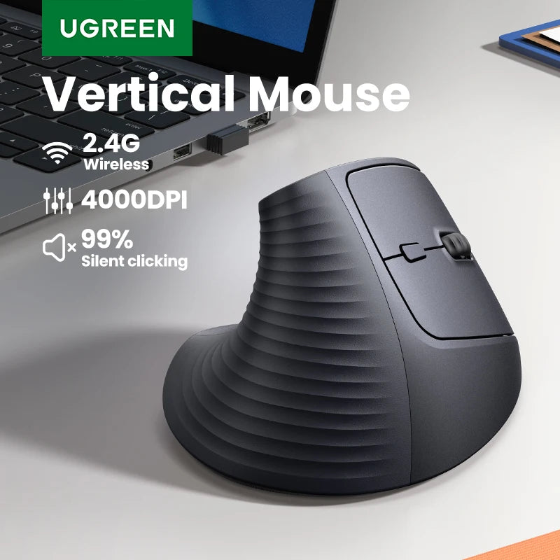 UGREEN Ergonomic Vertical Wireless Mouse - 4000 DPI, Silent Click