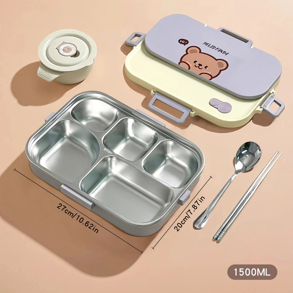 1500ml Stainless Steel Lunch Box with Cutlery & Bowl - Large Capacity