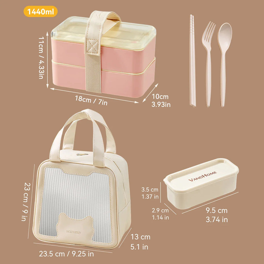 WORTHBUY Double-Layer Leak-Proof Bento Box with Tableware
