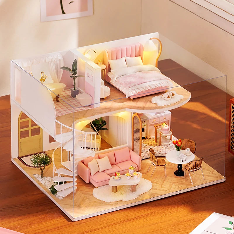 3D Wooden Mini Dollhouse Kit - DIY Duplex Apartment with Furniture